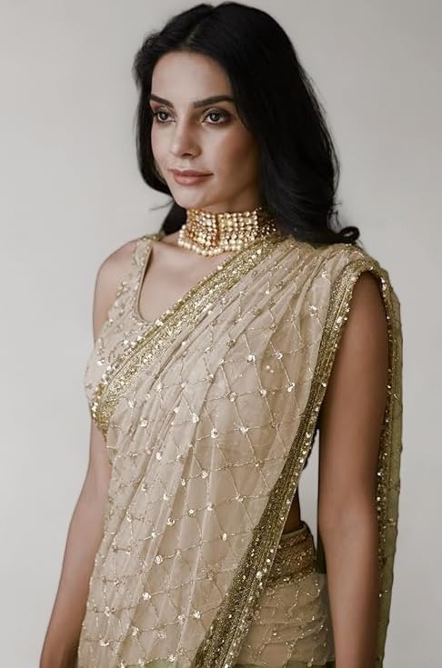 Women Soft Net Silk Jari Square Shape Embroidery & Sequence Work Saree With Unstiched Blouse(6097)