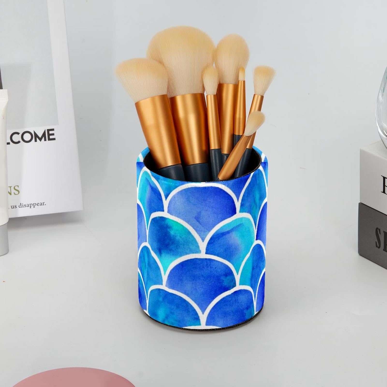 Eslifey Portalápices Redondo Para Escritorio, Color Azul, Teñido Anudado, Tiburón, Bolígrafo, Taza, Brochas De Maquillaje, Soporte Para Exhibición De Escritorio, Organizador De Papelería Para El