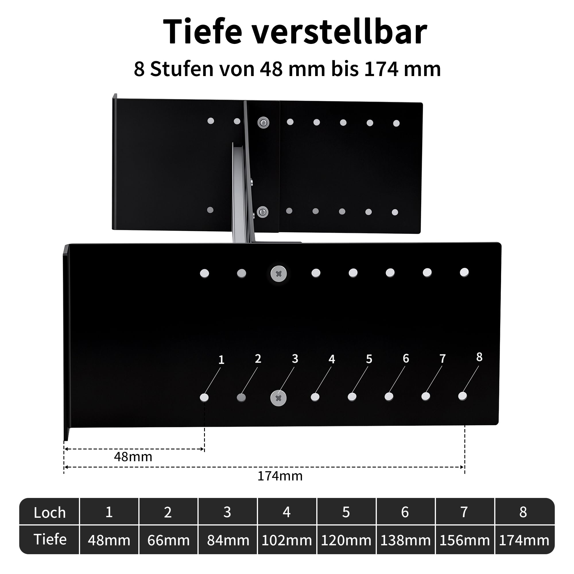 Hutschienenträger 19 Zoll 2 HE, Tiefe verstellbar 48–174 mm