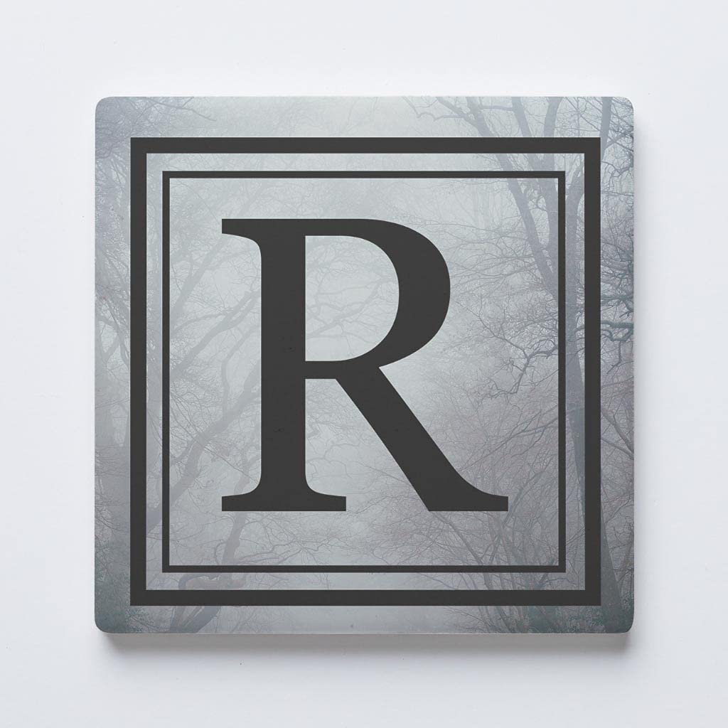 Absorbent Ceramic Drink Coaster with Cork Back, Artist Designed, 4”x4” Individual Square Coaster, Protects Tabletop, Great Housewarming Gift (R - Gothic Tree Letters)