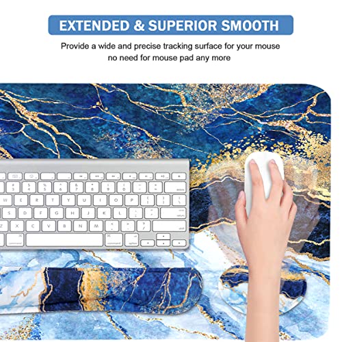 Image of 4-in-1 Large Gaming Mouse Pad, Keyboard Wrist Rest Pad & Wrist Support Mousepad Set, Extended Desk Pad Waterproof Desk Mat for Home Office Study Game - Blue Gold Marble