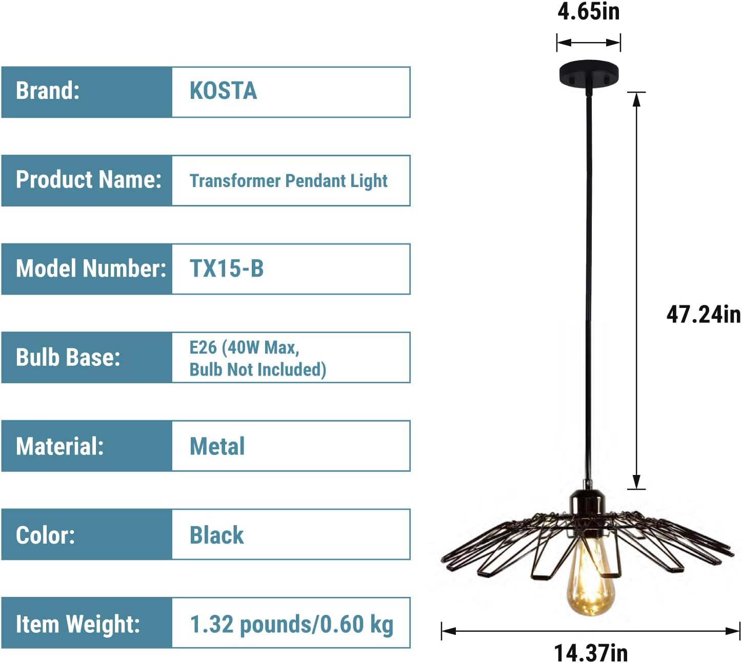 KOSTA Pendant Light, Hanging Light Fixtures with Metal Cage Lamp Shade Covers Decorative, Vintage Retro Industrial Style for Foyer, Bar, Restaurant, 14.4 Inch, E26, Bulb Not Included