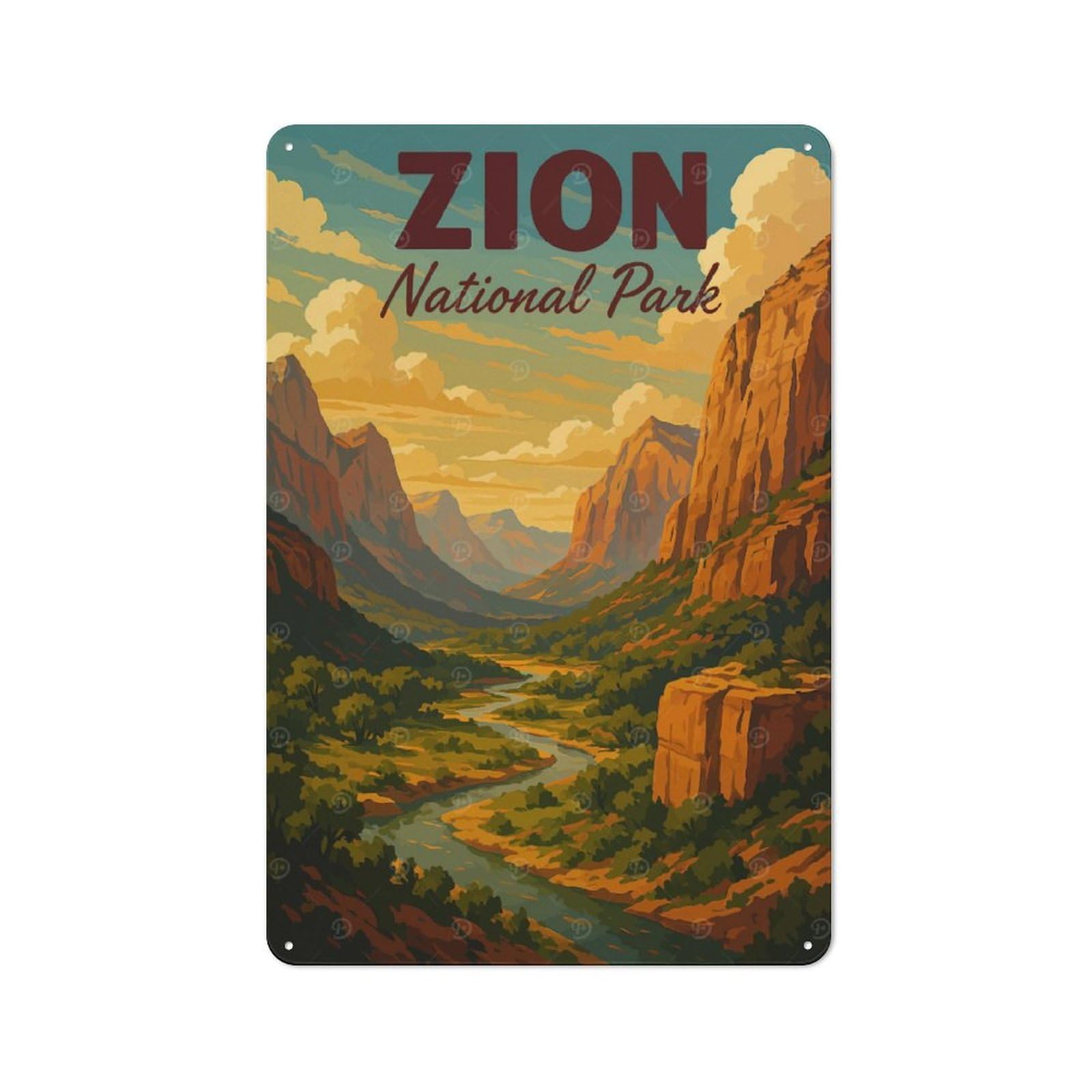 Zion National Park Landscape Illustration Rustic Tin Sign 30x20cm for Garden Room Or Summerhouse, for An Autumn Wall Display in Garden Room And Summerhouse