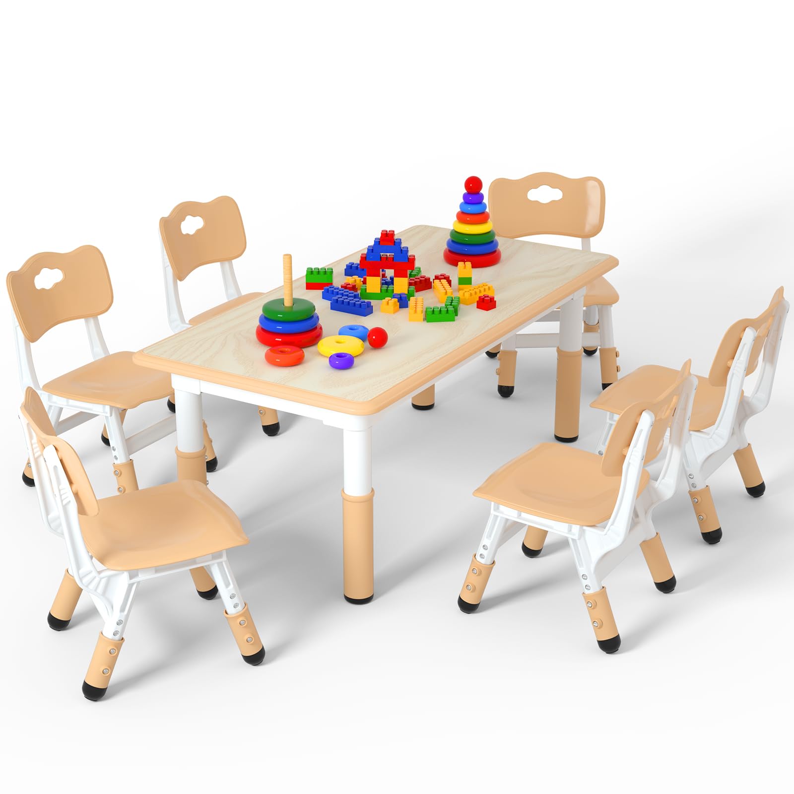 LulliSpace Kids Table and 6 Chairs Set，Height Adjustable Children Table &amp; Chair，Toddlers Study Multi-Activity Table with 47.2"x23.6" Wipe-Clean Desktop，for Classrooms, Homes &amp; Daycares