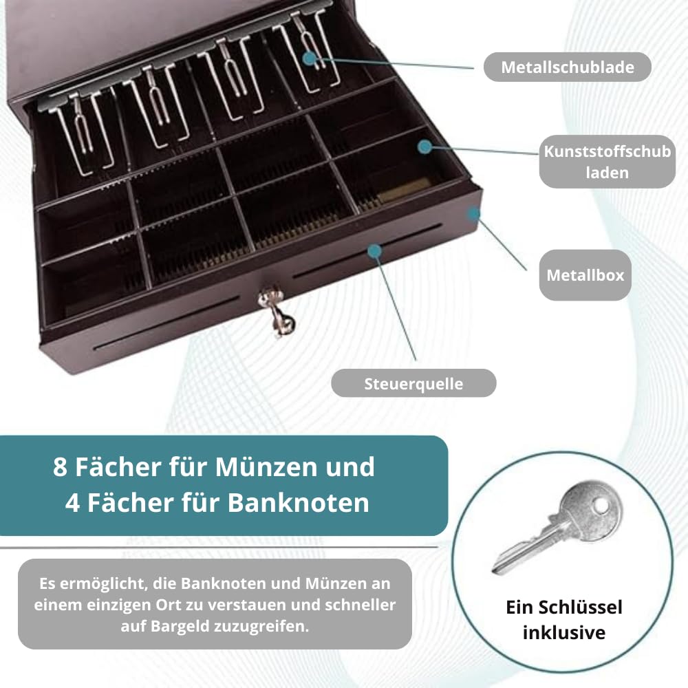 Kassenschublade 41x42x11cm - 4 Fächer Banknoten 8 Münzen - Schwarz | Geldkassette mit Schlüssel, Automatischer Öffnung RJ11, Kompatibel mit Registrierkasse, RJ-Drucker & POS-System, 8 Münzen