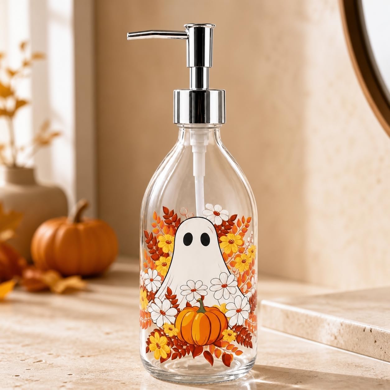 FYSUIMU Fall Halloween Clear Soap Dispenser with Pump, Ghost Pumpkin