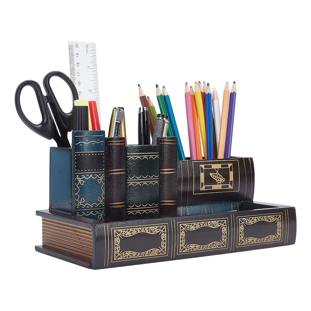 OLYCRAFT Portalápices decorativo con cajón de almacenamiento, diseño de libros antiguos de biblioteca, soporte de madera para lápices, organizador decorativo de escritorio para decoración de oficina y