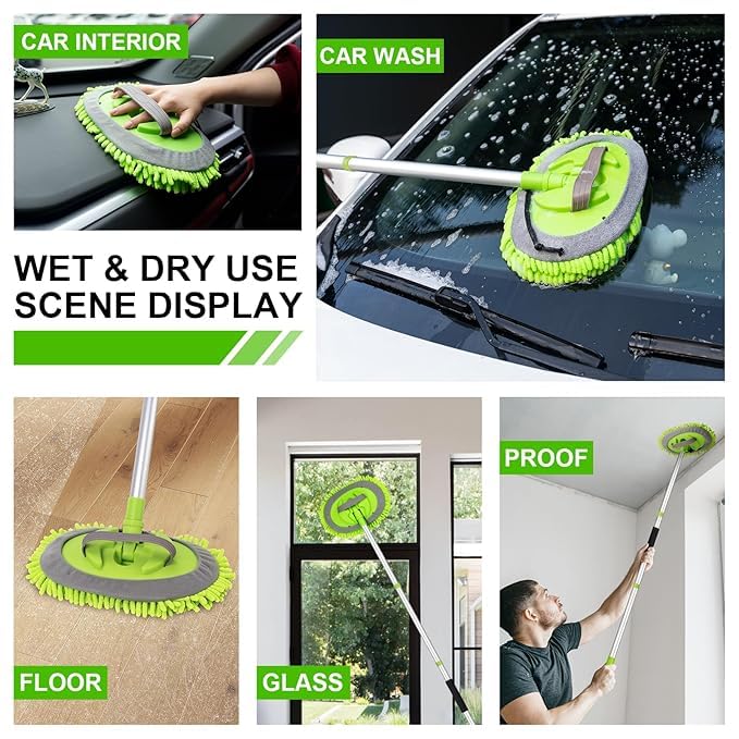 Image of 2 in 1 Microfiber Car Wash Brush Mop Mitt with 45 inch Aluminum Alloy Long Handle, Car Cleaning Kit Brush Duster, Free Cleaning Tool Dust Collector Supply for Washing Truck