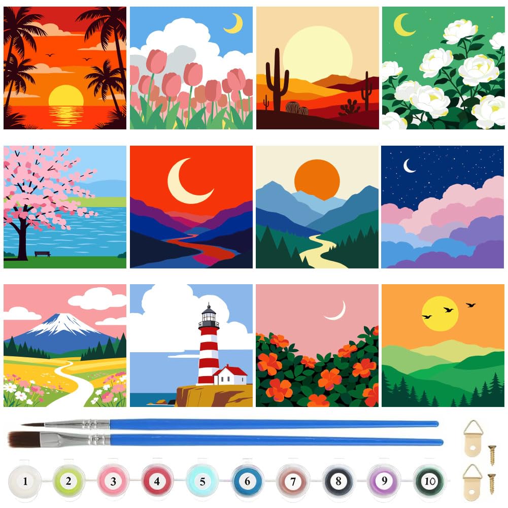 twinklemon Set di 12 dipinti per numero su tela per adulti con cornice, kit di pittura con numeri su tela, composto da 10 colori di pigmenti e pennelli per principianti, 20 x 20 cm