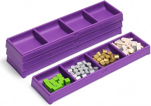 Divided Tray with Lid for Organizing Board Game Tokens, Meeples, Pieces with Mini Connecting Card Holder Purple Token Trays, 4-Pack
