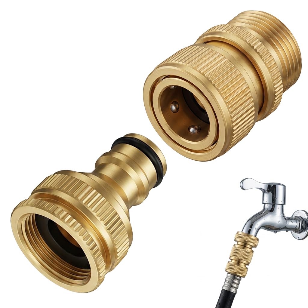 Garden Hose Connector, 1/2 Inch and 3/4 Inch Solid Brass Tap Connector 2-in-1 Faucet Quick Connector Hose Nozzle Connect Kit for Kitchen Garden Outdoor Hose Pipe Tool