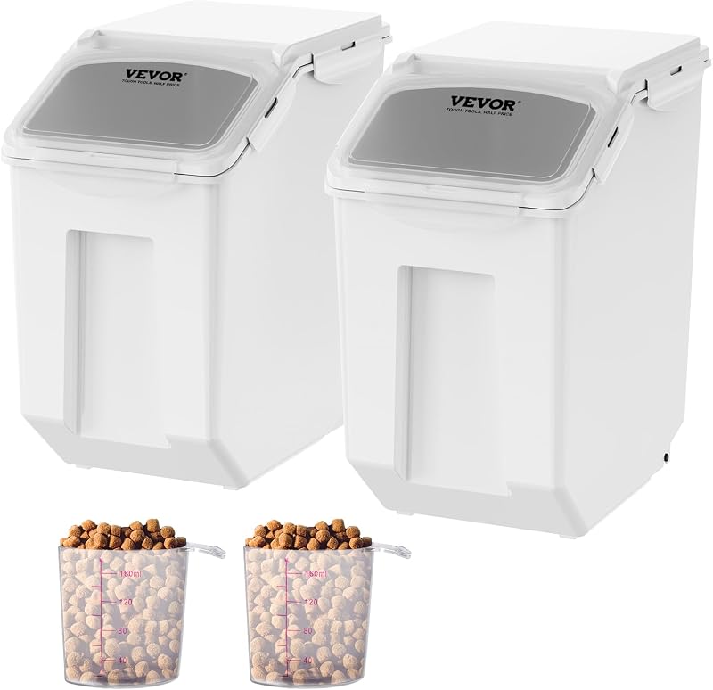Armazenador de Ração VEVOR com Tampa Hermética, Rodízios e Copos Medidores, 2 x 15 L, F-8908