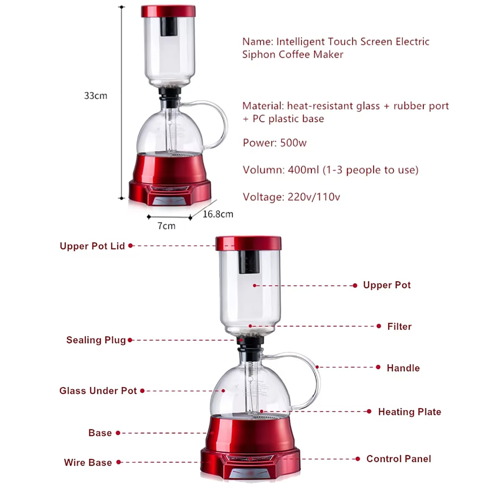 Cafetera De Sifón De Vidrio Al Vacío De 1 a 3 Tazas, Cafetera De Sifón De Sobremesa con Chasis Calefactor De Acero Inoxidable, Potencia Ajustable De 200 a 500 W Y Temporizador Automático