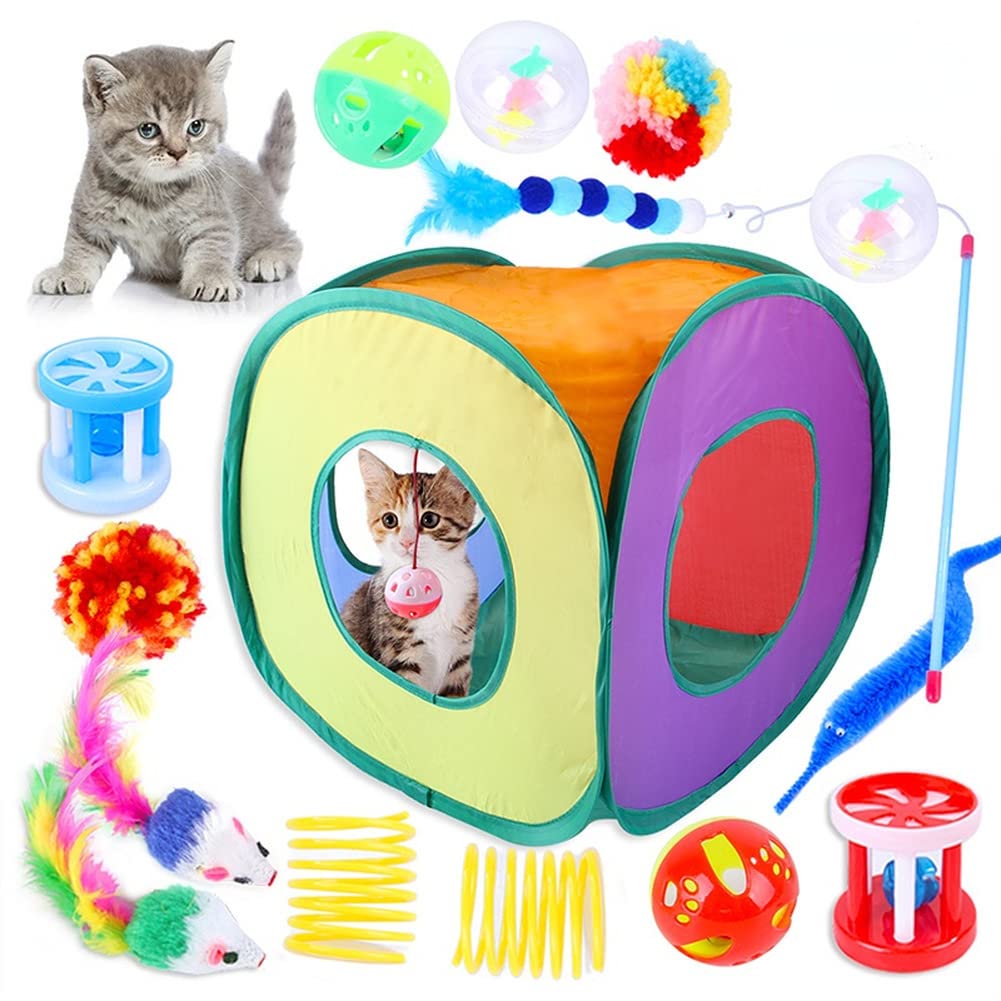 LSOAARRT Cat Toys,Kitten Toys for Indoor Cats, Cat Tunnel Interactive Feather Teaser Wand Ball Toy Set for Kitty and Cats (15pcs)