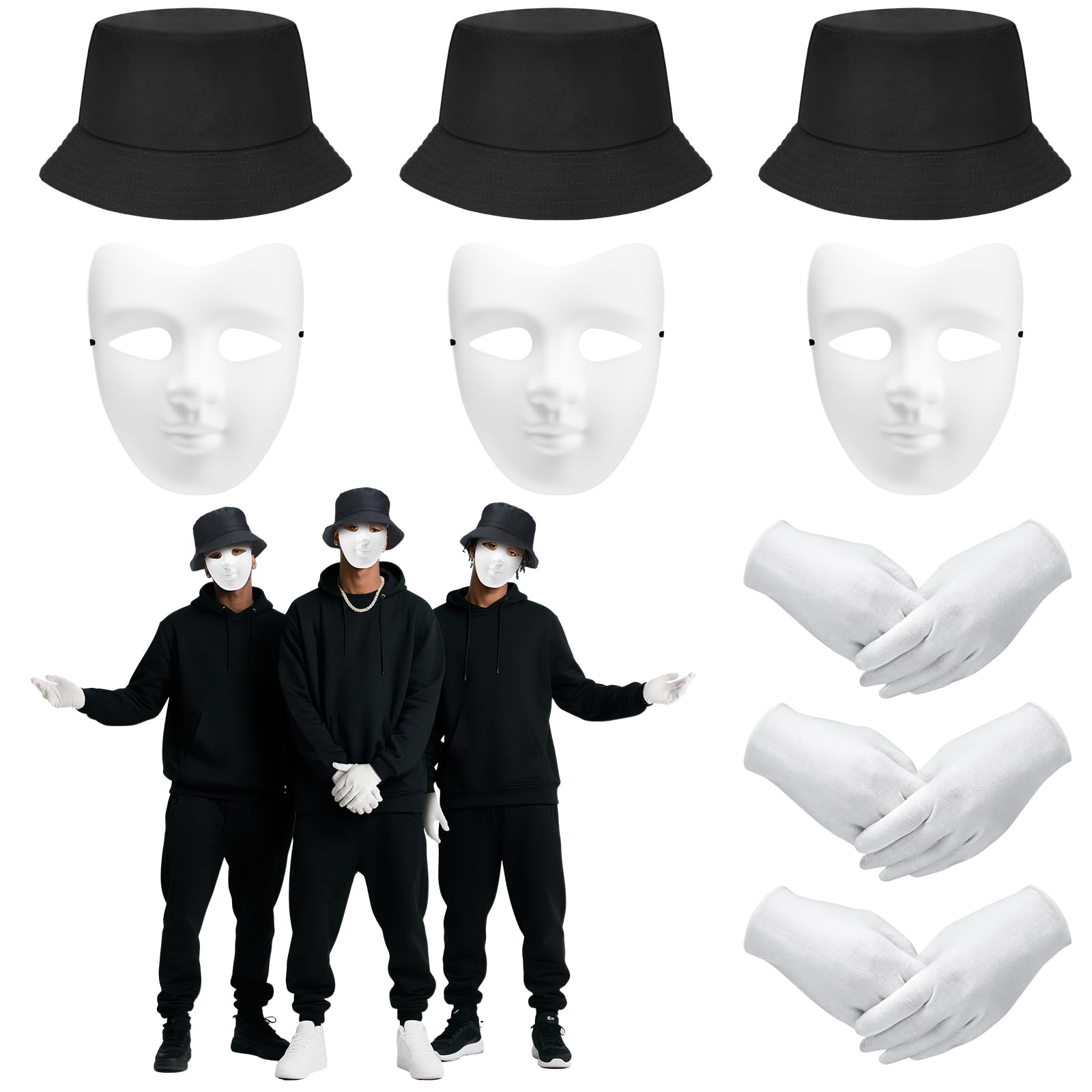 9 Pcs Halloween Masked Dance Troupe Costume Accessories Black Bucket Hats White Face Masks Gloves for American Hip