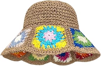 KORADI Women Sun Hats Crochet Granny Square Straw Hat Boho Floral Summer Beach Hats Hollow Out Bucket Hat