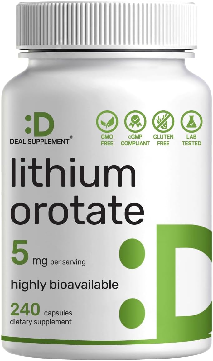 Lithium Orotate 5mg, 240 Capsules – Highly Bioavailable & Stable Lithium Supplements – Easily Absorbed Mineral Salt in Gentle Form – Low Dose, Non-GMO, Gluten Free
