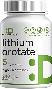 Lithium Orotate 5mg, 240 Capsules Highly Bioavailable & Stable Lithium Supplements Easily Absorbed Mineral Salt in Gentle Form Low Dose, Non-GMO, Gluten Free