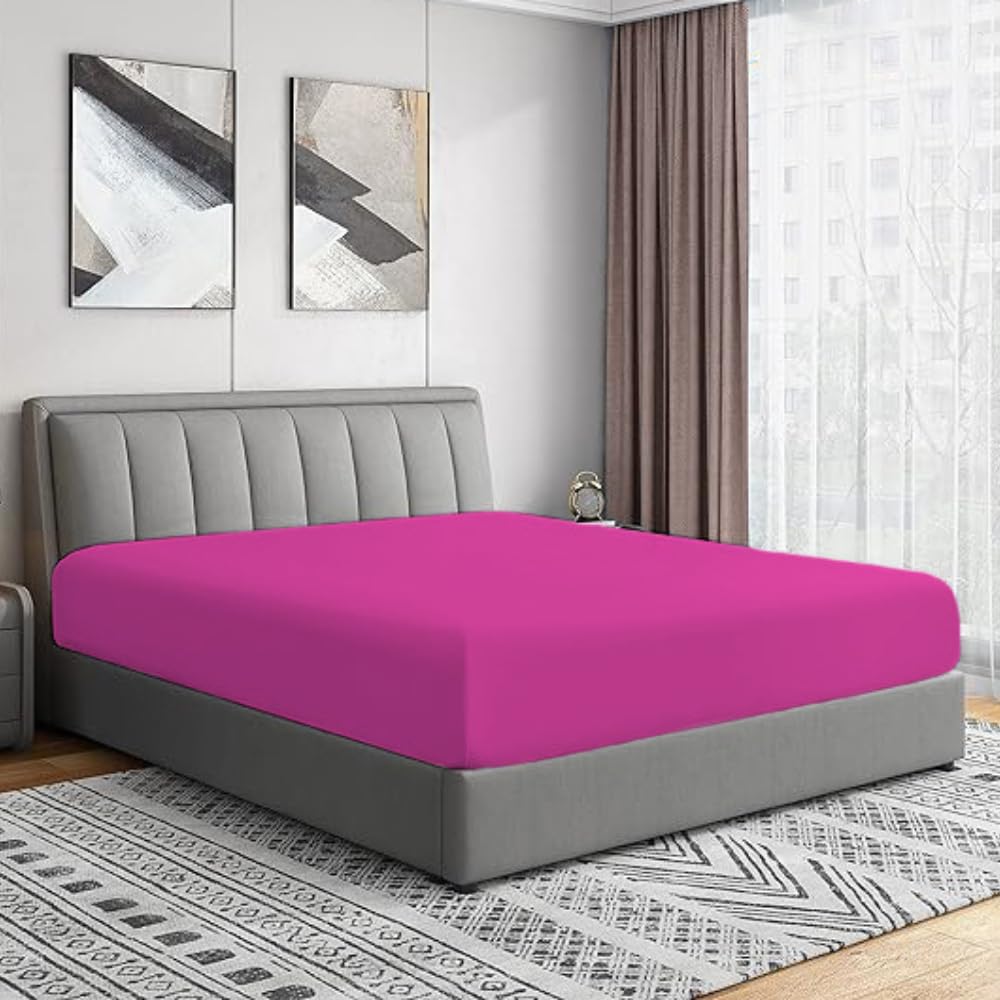 Bottom Fitted Sheets Stretches Up to 25cm Deep Mattress Pocket 100% Pure Egyptian Cotton 200 Thread Count Fitted Bedsheet Soft & Comfortable Hotel Quality Bottom Sheets (Fuchsia, Super King)