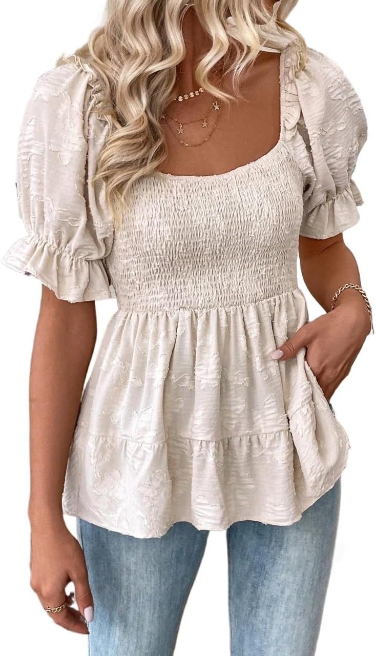 Women's Classic-Fit Shirt Puff Sleeve Blouse With Waist Top