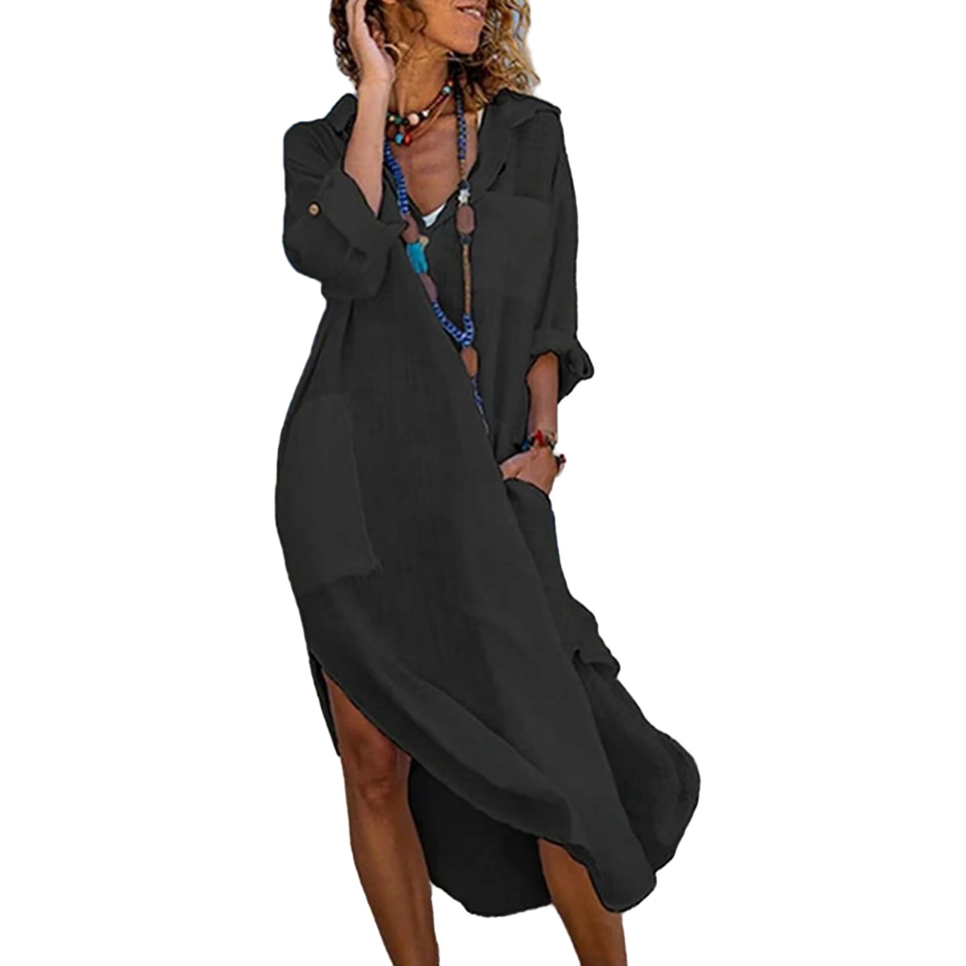 Juketron Vestido Camisero Informal Holgado de Lino y algodón para Mujer, Ropa de Calle a la Moda, Vestido Largo con Botones Abiertos, Vestidos Blancos y Negros para Vacaciones en la Playa