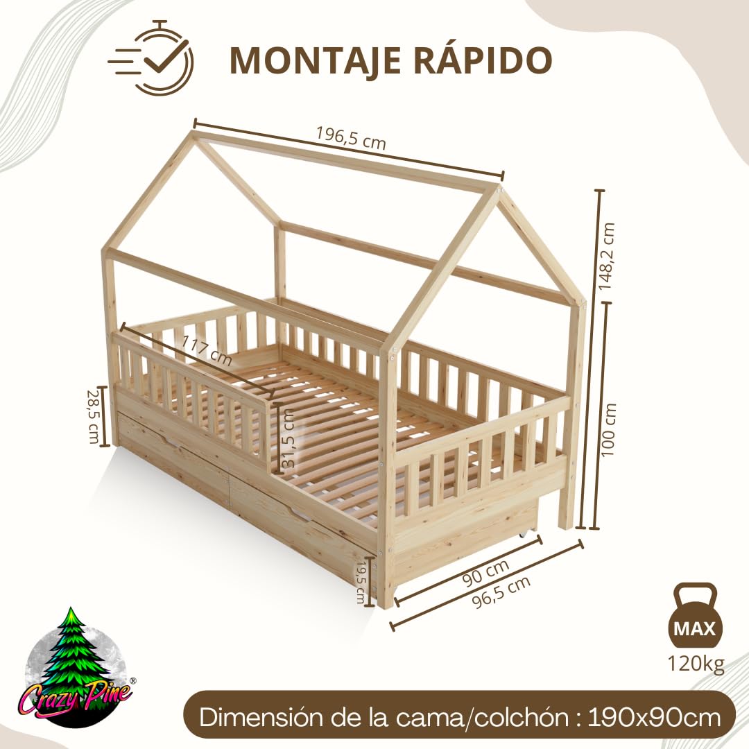 Cama Montessori en Forma de Casa 190x90 cm - Cama Infantil con Protección contra Caídas 40cm y Barrera Abrible - Camas Infantiles niño - Madera Natural con Cajones