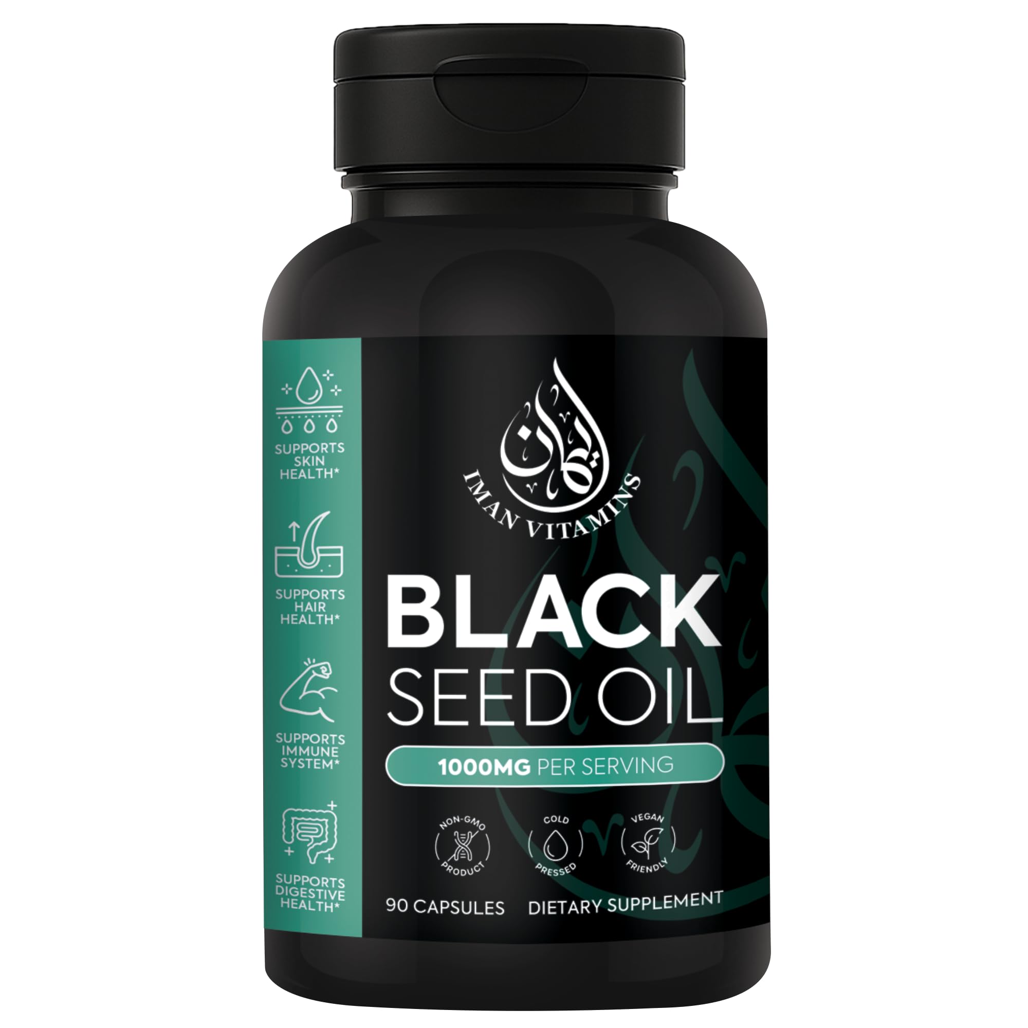 Iman Vitamins Halal Natural Black Seed Oil Capsules 1000mg Cold Pressed, Vegan, Non-GMO Nigella Sativa Capsules, Gluten Free Pills | 90 Count, 1000mg PS