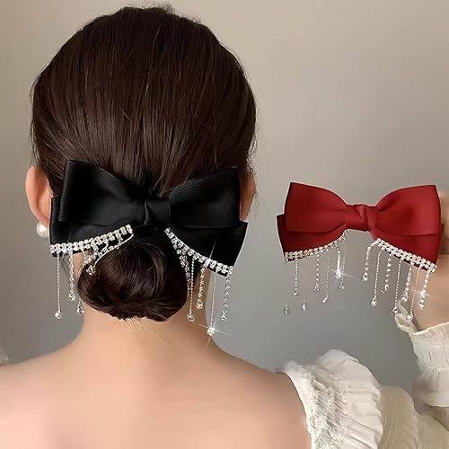 Miniatura 4 de 2 pinzas para el pelo con lazo grande, con borlas de diamantes de imitación, lazos de satén para el cabello, pasadores franceses, pinzas de metal,