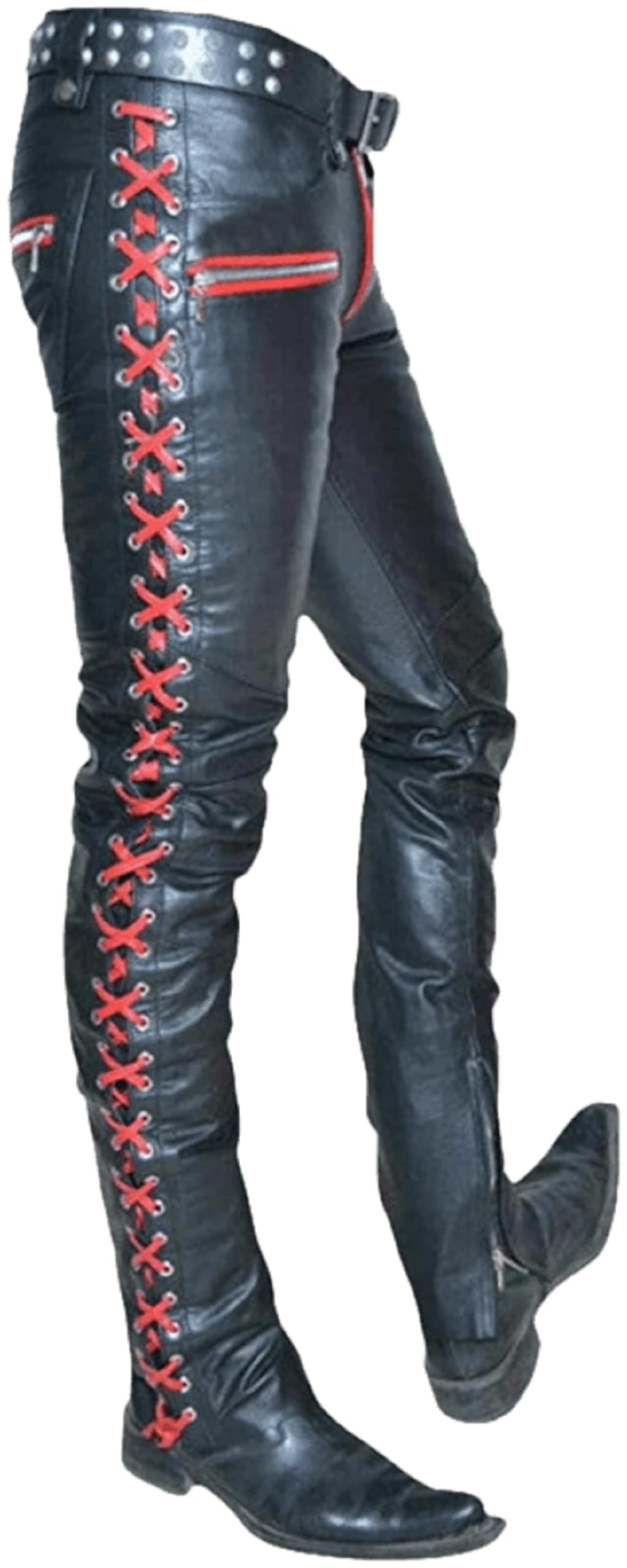 Men's Red Leather Pants Side Laced Up Bikers Jeans Pants