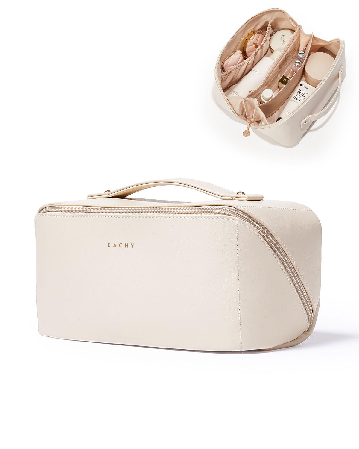 EACHY Kosmetiktasche Damen, PU-Leder Make up Tasche mit Transparenten Trennern, wasserdichte Reise Schminktasche mit Griff, Luxus Kulturbeutel für Frauen oder Geschenkidee
