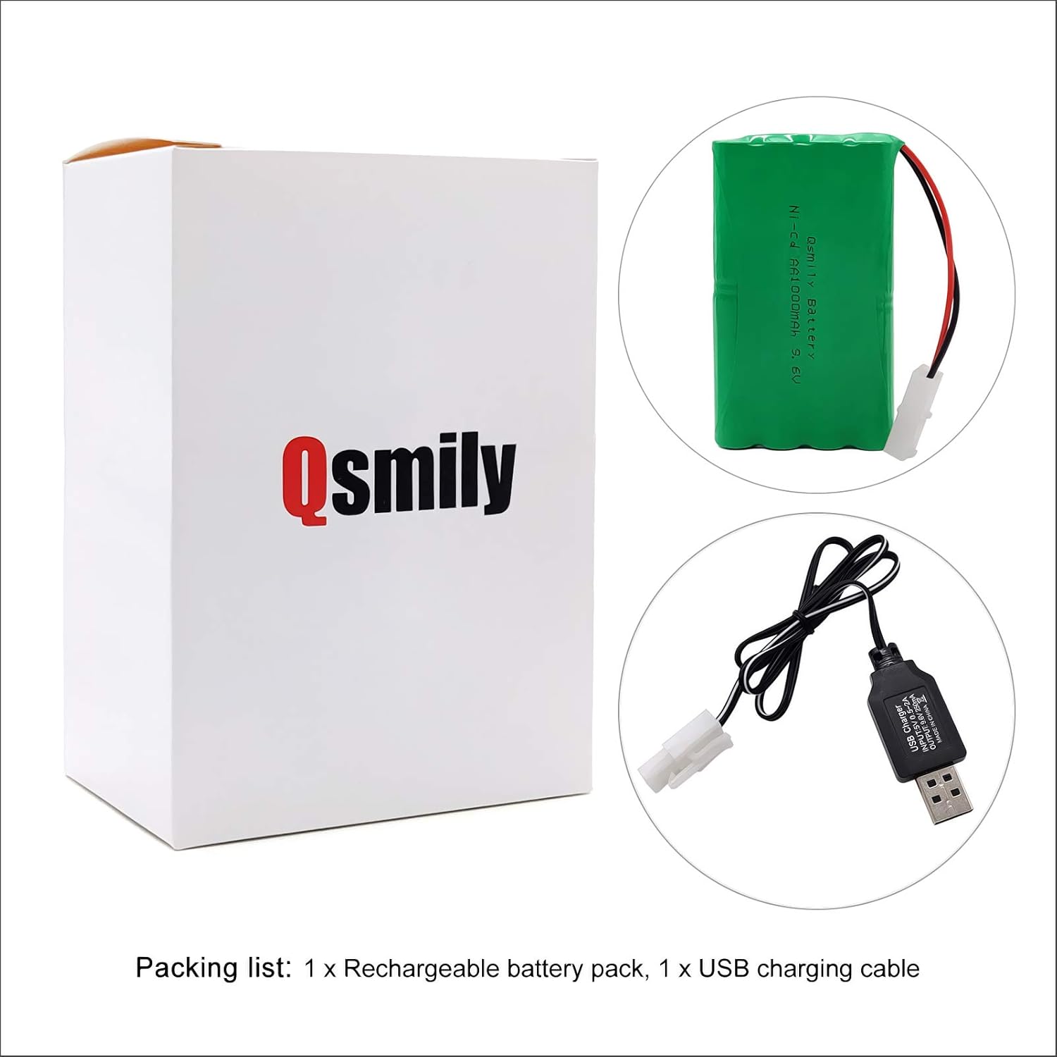 Qsmily® 9.6V RC Battery Pack, 1000mAh AA Rechargeable Ni-Cd Battery Pack with Charge Cable and Tamiya Connector, Suitable for RC Monster Truck, RC Battle Tank, RC Aircraft Carrier Model