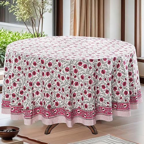 Ridhi Hand Block Print Round Tablecloth Sangria Red 132 Inch 100% Cotton