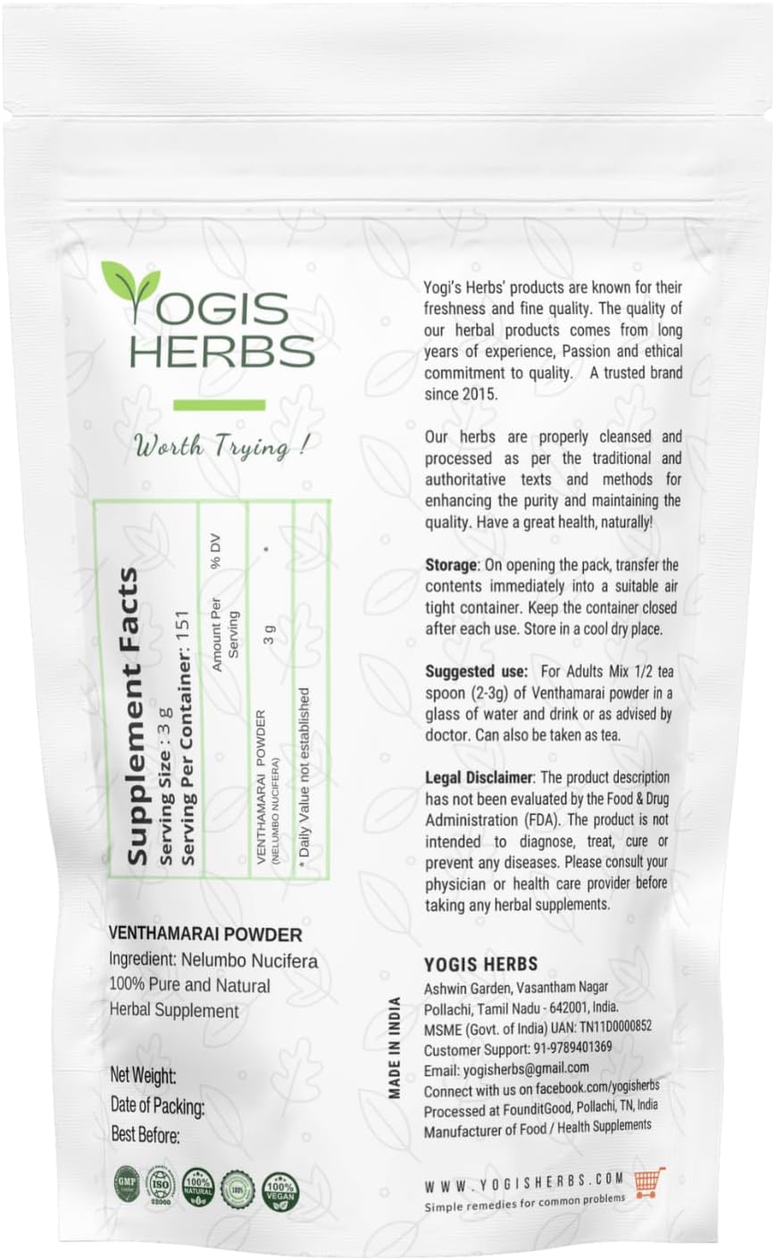 YOGIS HERBS Venthamarai Powder (White Lotus Powder) – Nelumbo Nucifera – 1 lb Fresh & Pure