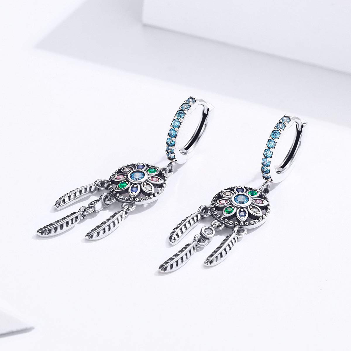 NewL Pendientes colgantes bohemios de plata de ley 925 con diseño de atrapasueños para mujer, joyería de regalo, Plata de ley, Circonia cúbica