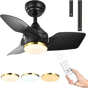 DWVO 26 Inch Ceiling Fans with Light and Remote, Small Modern Black Ceiling Fan with 3 Blades, 6 Speeds, 3 Colors Dimmable for Bedroom Patio Kitchen, DC Quiet Motor, Memory Function, Black