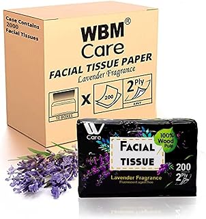 WBM Care Super Soft 2-Ply Facial Tissues with Lavender Fragrance, 2000 Total (Pack of 10) 200 Sheets per Box | 100% Natural Wood Pulp