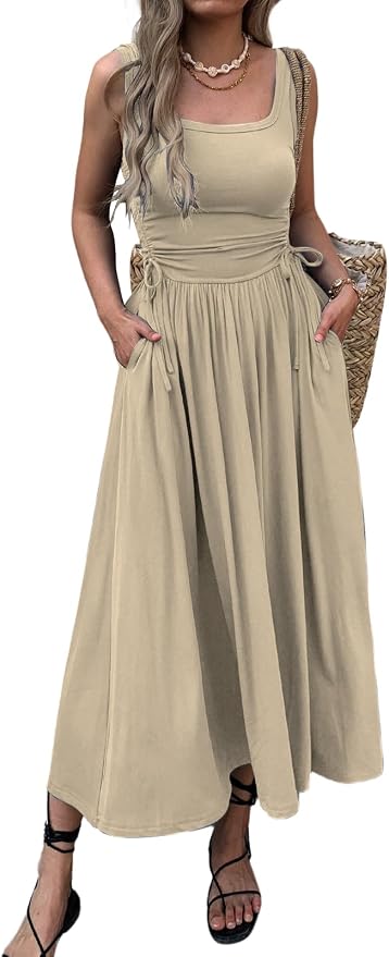 Mieazom Women’s Boho Summer Maxi Dress with Pockets, Adjustable Waist, Sleeveless Casual Ruched Sundress for Beach Vacation