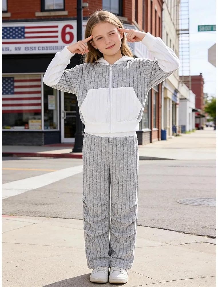 Sizes 7-14 Years Girls 2 Piece Outfit Crop Zip Hoodies & Loose-Fit Pants Treen Girls Fall Winter Clothing Set - Image 9