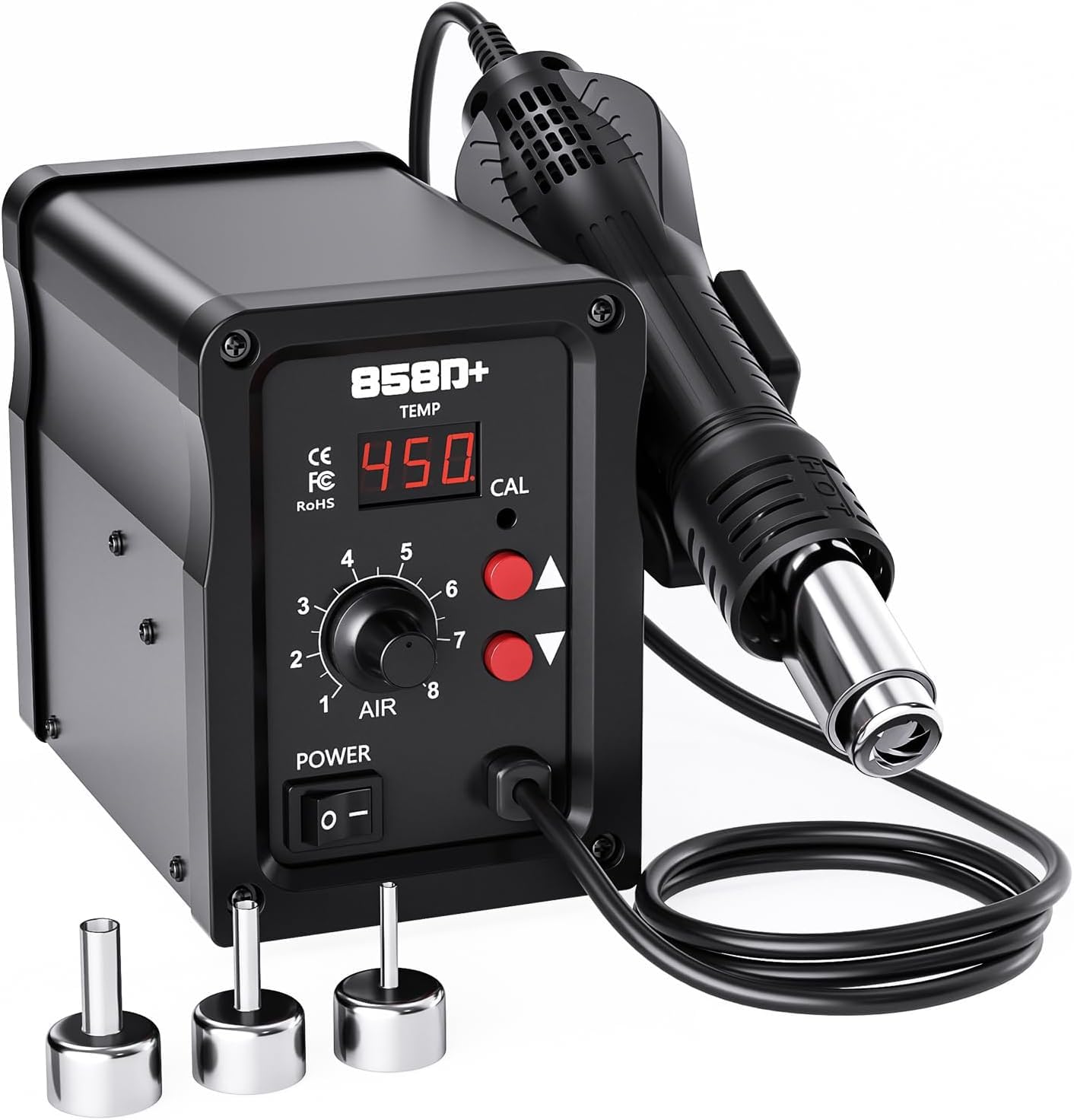 700W Hot Air Soldering Station, 858D Hot Air Rework Station with LED Display, 3 Nozzles, Adjustable Temperature 100-450°C, SMD Desoldering Station for DIY, Repair & Rework (UK Plug)