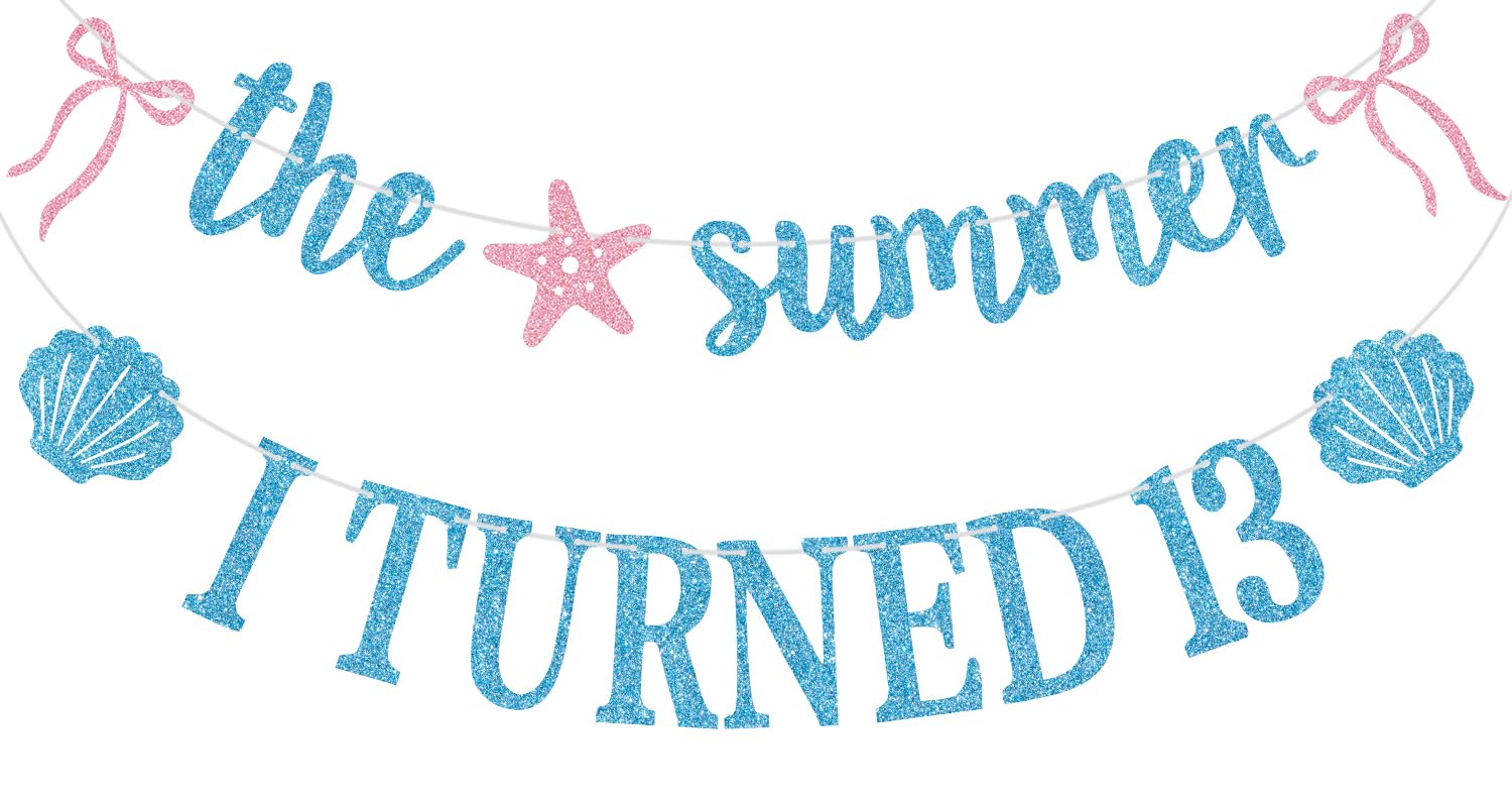 Blue Glitter Glitter the Summer I Turned 13 Banner, Hawaiian Summer Tropical Birthday Decor, Shell Starfish Themed 13th Birthday Party Decorations Supplies