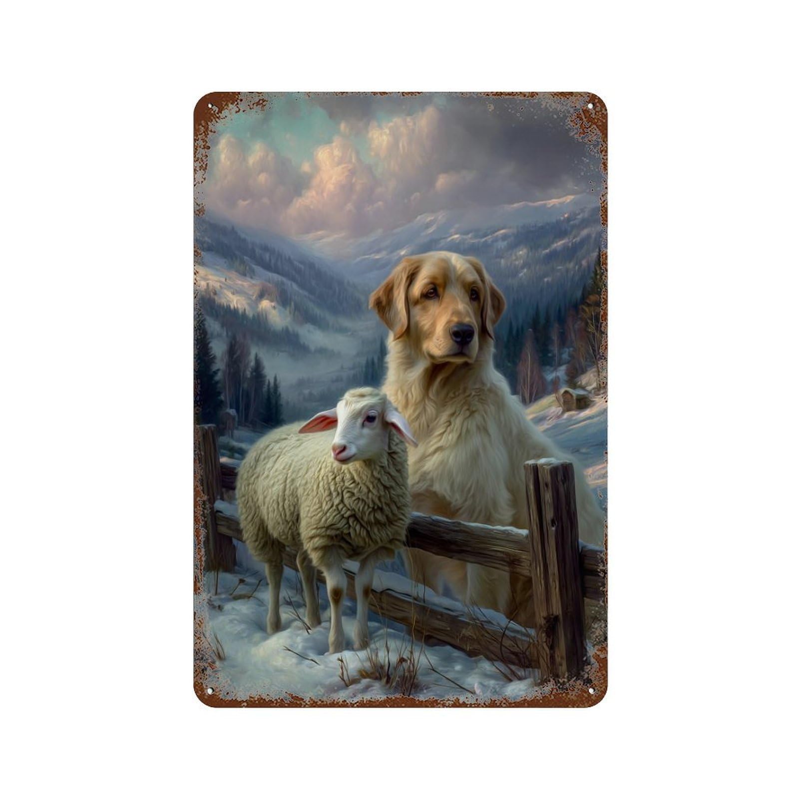 Rusty Metal Tin Sign Winter Farm Scene with Dog And Sheep 11.8"x7.9", Rustic Home Decor for Shed, Workshop And Garage Wall Decor