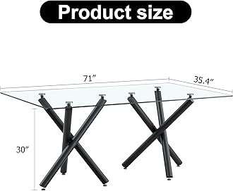 NYEESS 71” Glass Dining Table, Large Dining Room Table for 6-8 People, Kitchen Table for Dining Room,0.4 Thickened Tempered Glass Top with Black Metal Legs