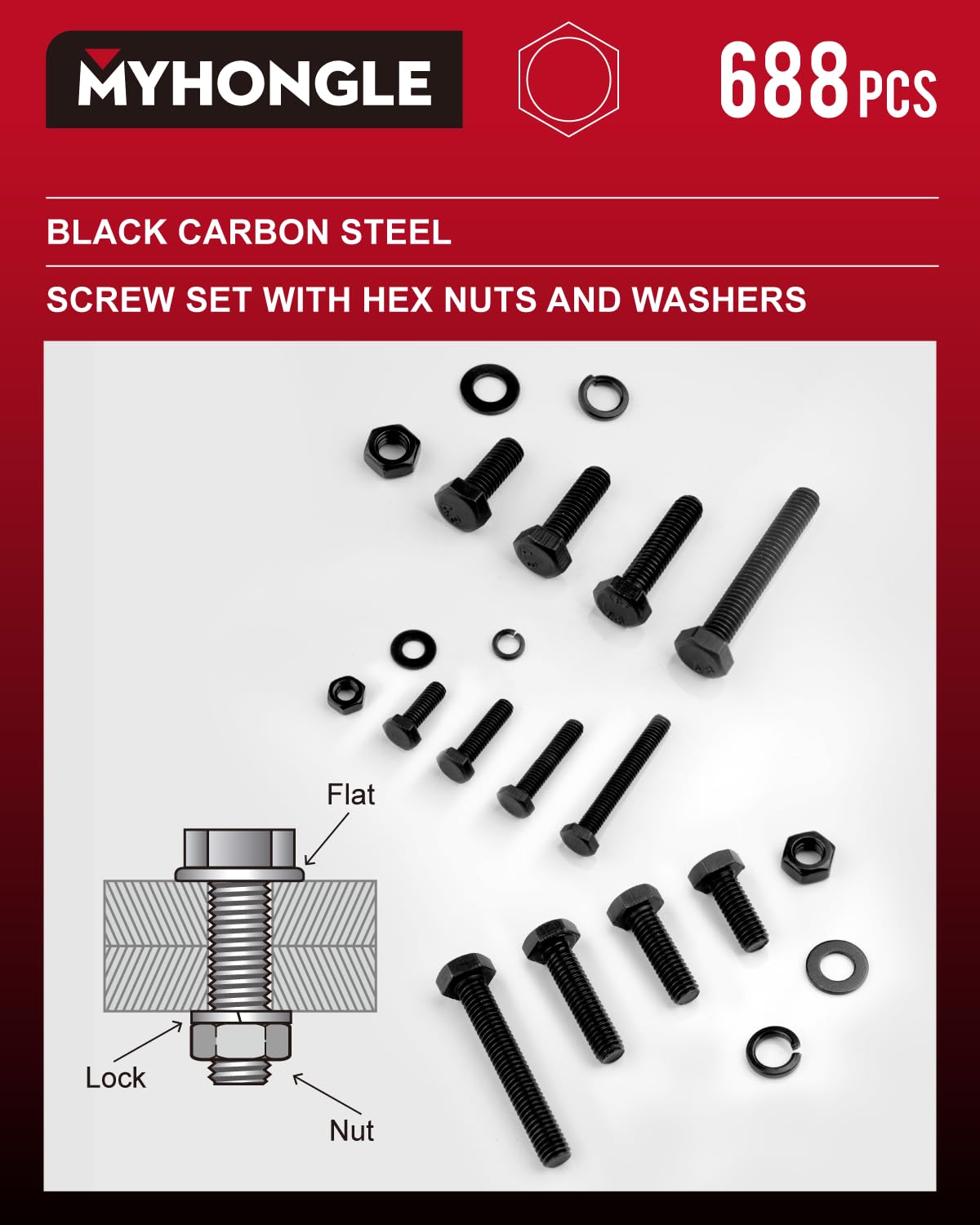 688 Pcs Hex Bolts and Nuts Set, M4 M5 M6 Machine Bolts and Hex Nuts and Lock Washers and Flat Assortment Kit - Image 3