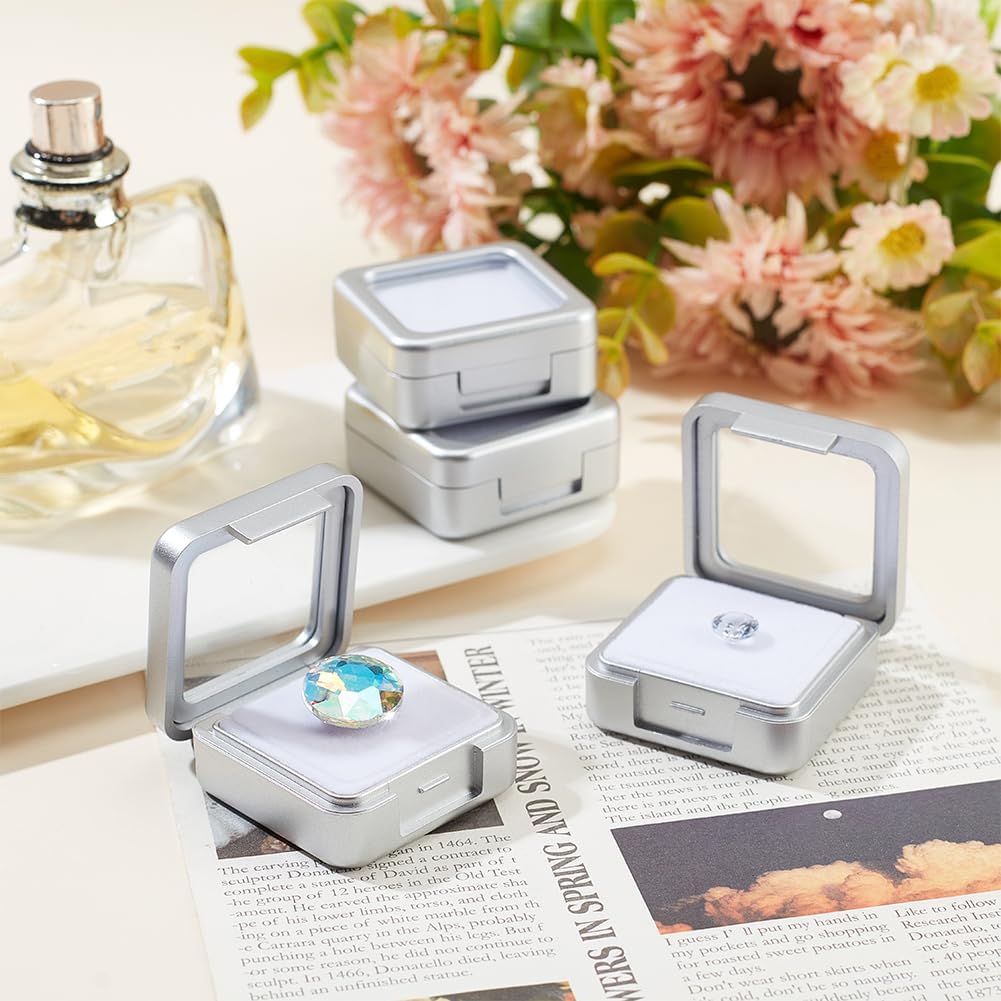BENECREAT 4 Pcs Silver Gemstone Display Box, 1.57x1.57x0.67 inch Square Jewelry Box with Clear Glass Top Lids for Gift Wrapping, Displaying Gemstones, Crystal Diamond Accessories image 5
