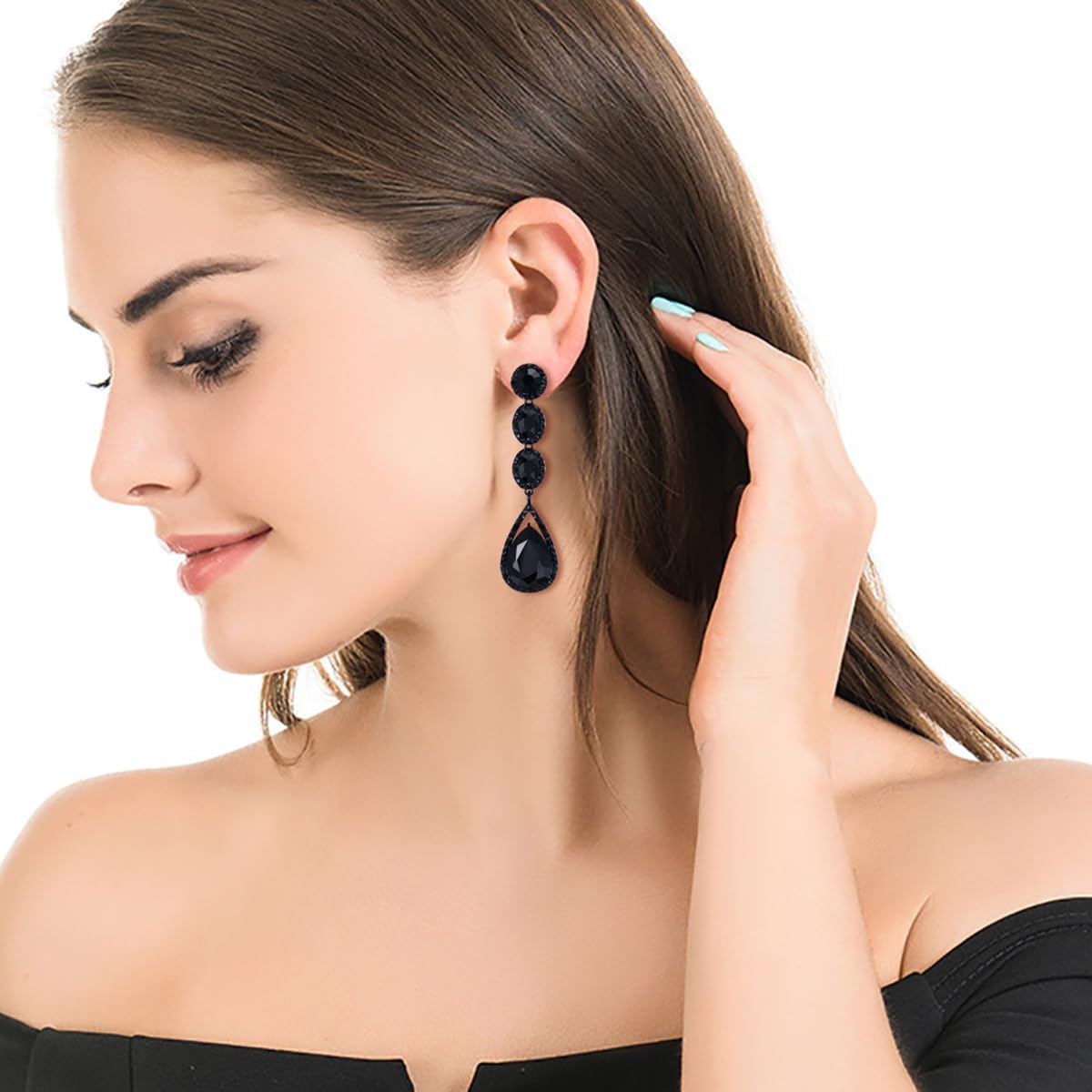 Flyonce Wedding Bridal Rhinestone Crystal Multi Teardrop Pierced Dangle Earrings - Image 2