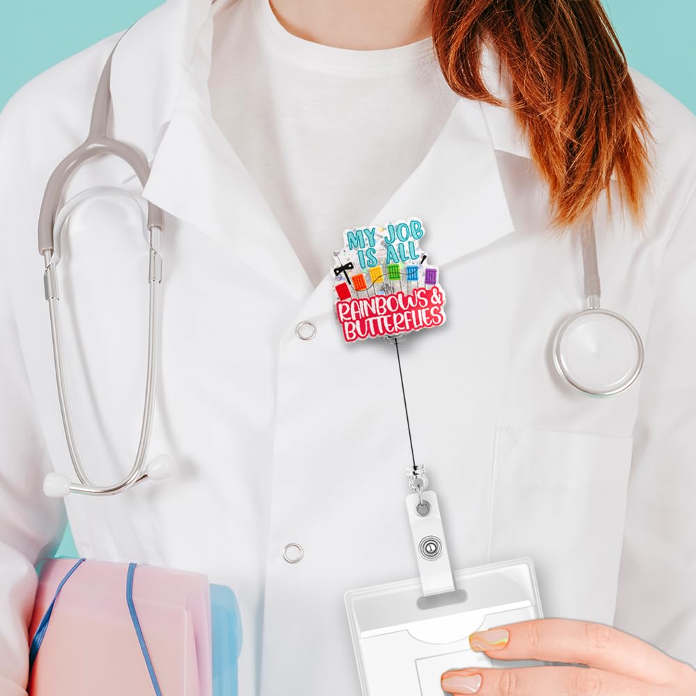 Funny Retractable Badge Reel - My Job Is All Rainbows Glitter ID Holder For Nurses & Medical Staff