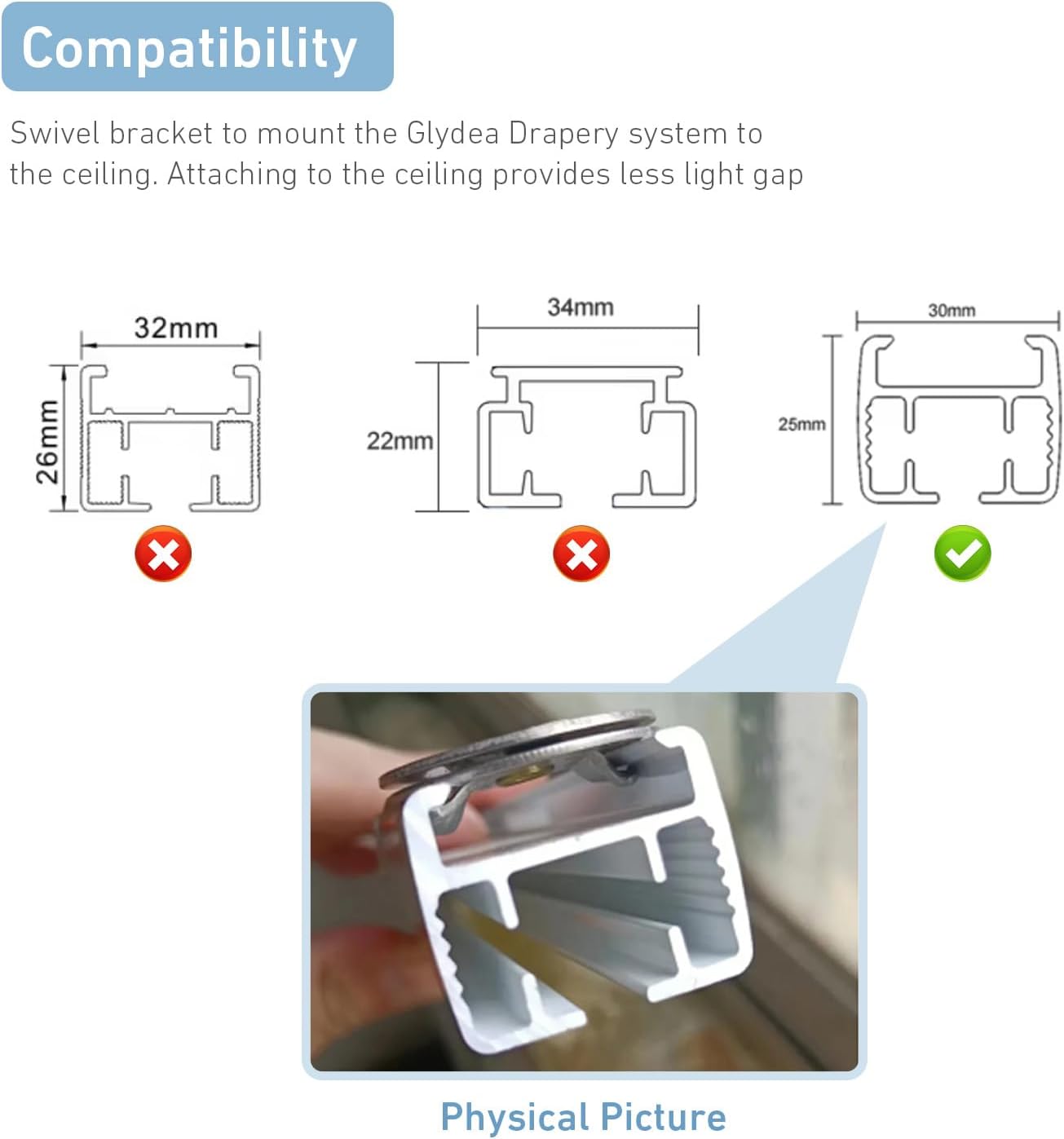 Swivel Ceiling Bracket for Motorized Sliding Curtain - Electric Drapery Top Mounting Hidden Brackets Compatible with 1-3/16" (30mm) Curtain Tracks - 4 Pack(Silvery)