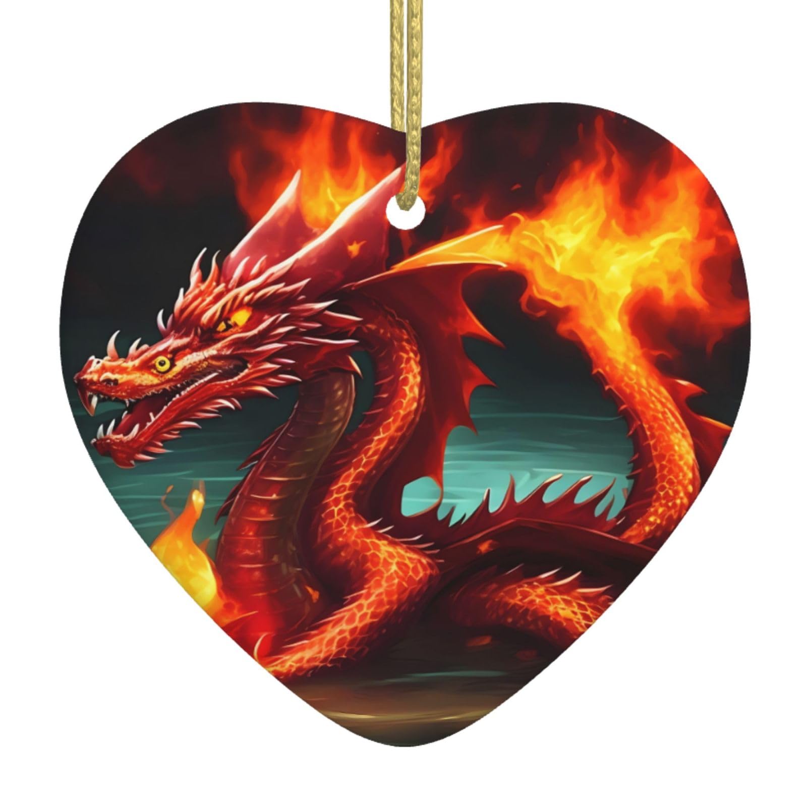 Dragon King in Fire Ceramic Christmas Heart Pendant with Silk Thread, Christmas Tree Home Decoration