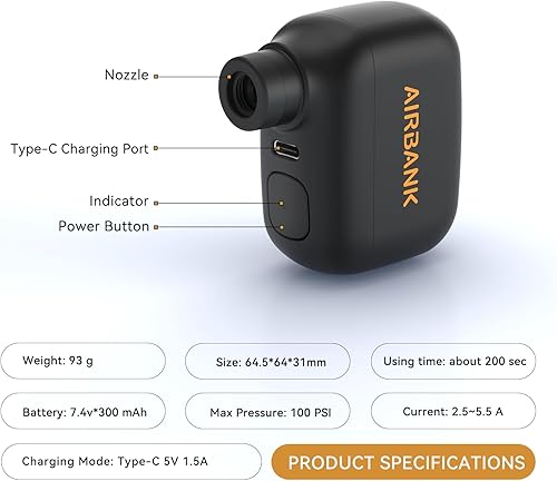 Miniatura 6 de AIRBANK Mini bomba de bicicleta POCKET SE, bomba de aire eléctrica de bicicleta de 100 PSI para bicicletas de carretera, bomba de bicicleta