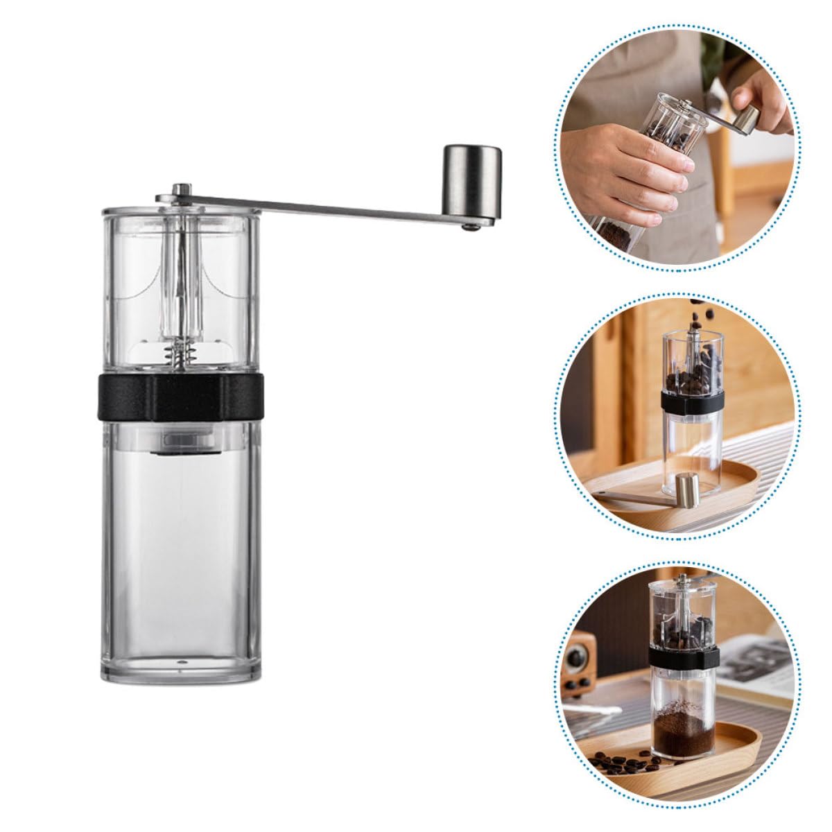 Molinillo de Café Manual Portátil Ajuste de Grosor | Acrílico y Núcleo Cerámico, Tapa de Silicona, para Camping y Oficina, también Apto para Especias y Granos